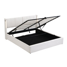 (White, 140 x 200cm) Lit rembourré avec LED, USB intégré, rangement et tête réglable sans matelas