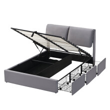 (Grey, 140 x 200cm) Lit capitonné hydraulique avec 3 tiroirs, coffre de rangement et sommier à lattes sans matelas