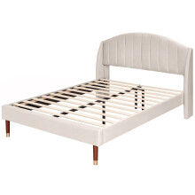 (Beige, 140 x 190cm) Lit rembourré avec sommier à lattes et montage facile sans matelas