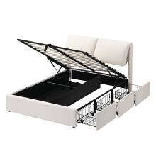 (Beige, 140 x 200cm) Lit capitonné hydraulique avec 3 tiroirs, coffre de rangement et sommier à lattes sans matelas