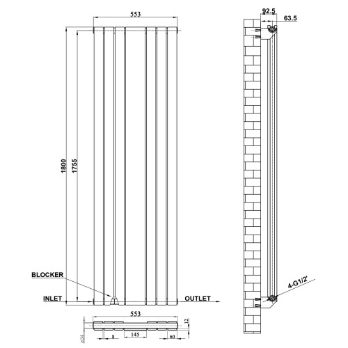 AICA (White, 1800x553mm) Vertical Mirror Radiator 2