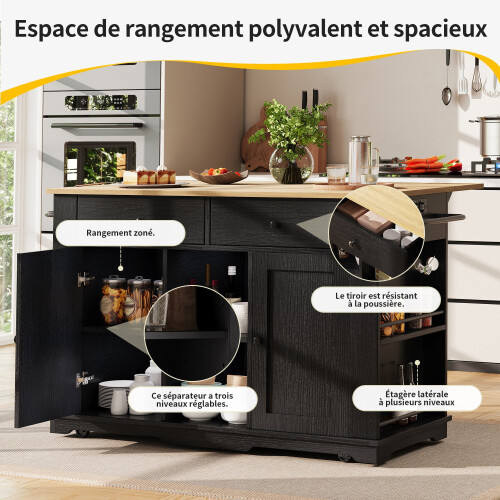 (Black,Natural) Îlot de cuisine avec multiprise intégrée, plan de travail et buffet 1