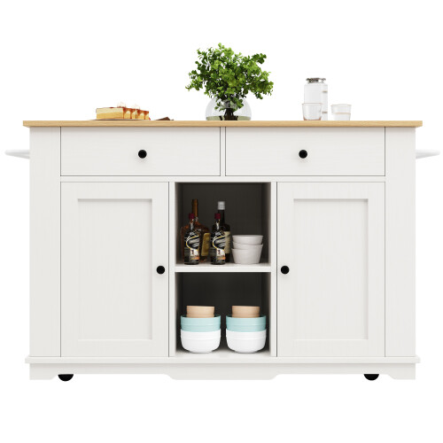 (White,Natural) Îlot de cuisine avec multiprise intégrée, plan de travail et buffet 1