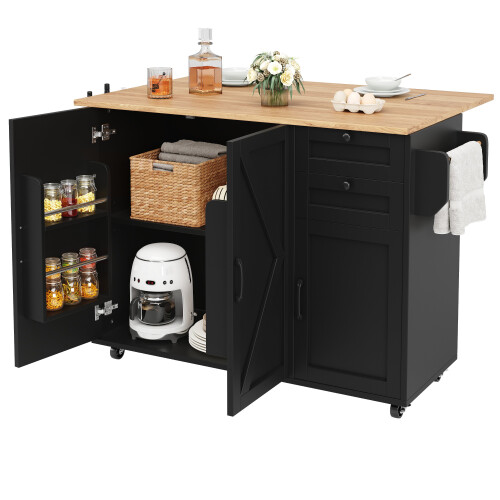(Black) Îlot de cuisine multifonction avec buffet, chariot et étagères 1