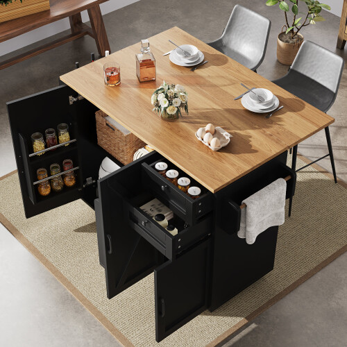 (Black) Îlot de cuisine multifonction avec buffet, chariot et étagères 2