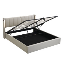 (Grey, 140 x 190cm) Lit rembourré avec LED, USB intégré, rangement et tête réglable sans matelas