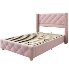 (Pink, 90 x 190cm) Lit capitonné avec sommier à lattes et pieds bois sans matelas