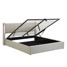 (Grey, 140 x 200cm) Lit rembourré avec LED, USB intégré, rangement et tête réglable sans matelas