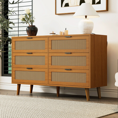 (Walnut) Commode avec 6 tiroirs et poignées métal pour rangement 2