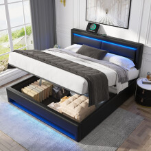 (Black, 140 x 200cm) Lit capitonné avec USB, charge sans fil, LED et rangement sans matelas