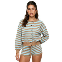 (S, Blue) Women's Sweater Set Long Sleeve Crew Neck Striped Print Button Front Cardigan and Drawstring Waist Shorts Lounge Set
