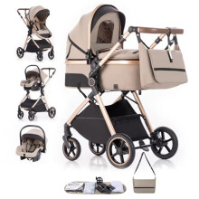 Gcarebb 3 in 1 Prams Travel System, Pushchair with Height Adjustable Handle, Travel Pram with Rain Cover, Baby Stroller with Aluminum Frame for