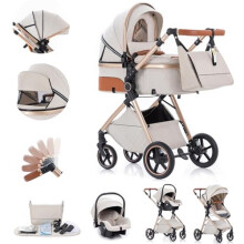 Gcarebb 3 in 1 Prams Travel System, Pushchair with Height Adjustable Handle, Travel Pram with Rain Cover, Baby Stroller with Aluminum Frame for