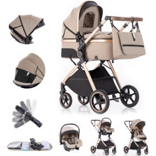 Gcarebb 3 in 1 Prams Travel System, Pushchair with Height Adjustable Handle, Travel Pram with Rain Cover, Baby Stroller with Aluminum Frame for
