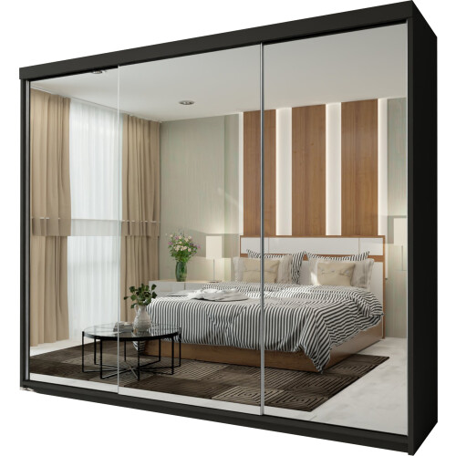 MN Furniture (Black) Modern 3 Mirror Sliding Door Wardrobe 250cm