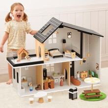 OOOK Wooden Dollhouse, Modern Dolls House with 60Pcs Luxurious Furniture Accessories, Including Dolls and Pet Sets, Wood Dollhouse Toy for Boys and