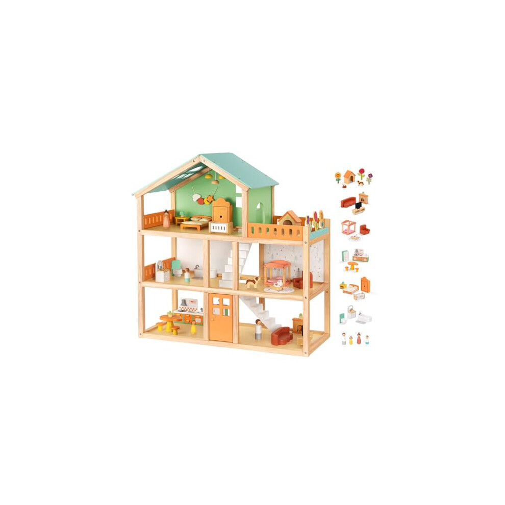 Photos - Doll Accessories OOOK Large Wooden Dollhouse with 42 Pcs Luxurious Furniture Accessories, 3-Story Doll House 6 Rooms Balcony Wooden Stairs, I