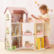 OOOK Wooden Dollhouse with 60 Pcs Luxurious Furniture Accessories, Including 4 Dolls and 2 Pets, Large 3-Story Doll House with 6 Rooms, Doll House for