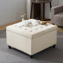 Furniliving Large Square Ottoman with Storage, 29” Oversize Ottoman Bench Upholstered Coffee Table Linen Fabric Footstool with Gourd Wooden Legs for