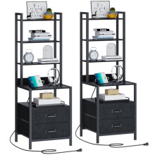 TRIFEBLE 49.6"" Tall Nightstand Set of 2 with Charging Station, Tall Bedside Table with Bookshelf, Night Stand with 2 Drawers and Open Storage, Side