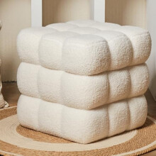 ALPOME White Sherpa Square Ottoman - 17.3" Large Boucle Cube Pouf with Sturdy Wood Frame, 330lbs Capacity Modern Fuzzy Vanity Stool & Footrest for