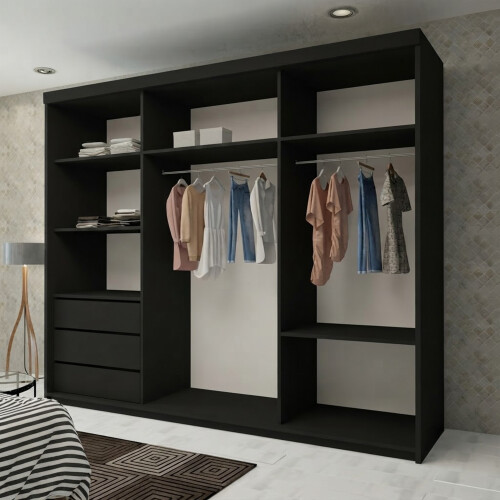 MN Furniture (Black) Modern 3 Mirror Sliding Door Wardrobe 250cm 2
