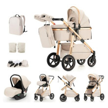 Kakbgee 3 in 1 Baby Stroller, City Pram Travel System, Pushchair Height Adjustable Handle, Baby Buggy & Car Seat, Mosquito Net, High Landscape