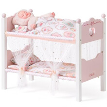 ROBUD Wooden Doll Bunk Bed, 2-in-1 Convertible doll cot with Bedding, Canopy Curtains & Heart Headboard, Baby Crib for 18 Inch, Doll Accessories Gift