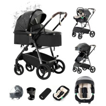 Kakbgee Leather 3 in 1 Pushchair Travel System, Pram Travel System with ECE R129 Car Seat, One-Hand Foldable Baby Pram, High View Aluminum Frame Baby