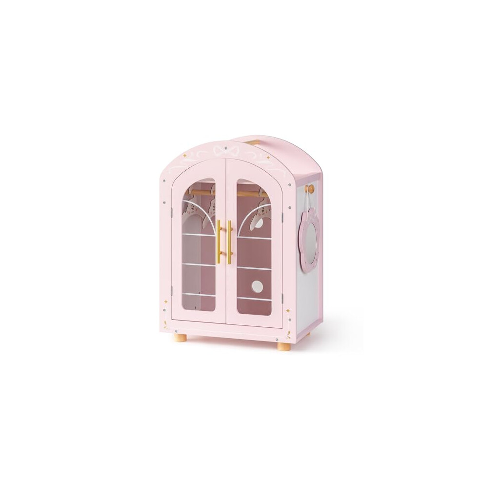Photos - Doll Accessories ROBUD Kids Dolls Wardrobe, Wooden Doll Furniture Accessories Closet with Mirror, Hangers, Shelves, Pink Dolls Clothes Storag