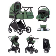 Kakbgee 3 in 1 Travel System, Foldable Pram, 7 Height-Adjustable Handle, Stroller 4-PU Wheel Suspension, Baby Buggy with Mosquito Net Raincover,