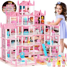 Dream Doll House for Girls with 5 Stories 19 Rooms, Dolls, Mat, LED Light, Furnitures, Accessories Toddler Dollhouse Gift for 3 4 5 6 7 8 9 10 Year