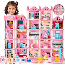 Big Dream Doll House for Girls with 5 Stories 22 Rooms, Dolls, Mat, LED Light, Furnitures, Puppie, Accessories Toddler Dollhouse Gift for 3 4 5 6 7 8