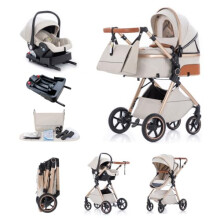 Kakbgee 3 in 1 Travel System, Foldable Pram, 7 Height-Adjustable Handle, Stroller 4-PU Wheel Suspension, Baby Pram with Mosquito Net Raincover,