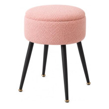 EVERGOODS Round Dressing Table Stool with Storage, Faux Teddy Fur Makeup Vanity Stool, WhiteFootrest Ottoman with Metal Legs (Pink)
