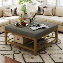 Befurtori Large Square Ottoman Coffee Table, Linen Solid Upholstered Footrest Ottoman with Solid Wood Shelf Storage Tufted Coffee Table for Bedroom