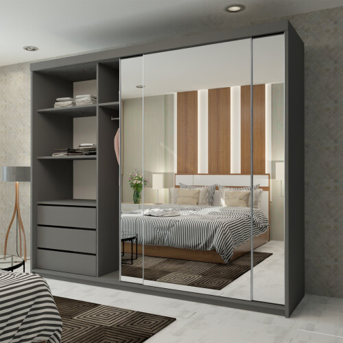 MN Furniture (Grey) Modern 3 Mirror Sliding Door Wardrobe 250cm 1
