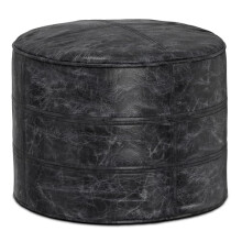 SIMPLIHOME Connor Round Pouf - 18 inch Wide Upholstered Genuine Leather Ottoman in Distressed Black, Boho Footstool or Extra Seating for Living Room