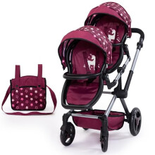 Bayer Design 26723AA Twin dolls pram, carriage, double stroller, adjustable and reversible handle, swivel front wheels, seats variable fixable, bag -