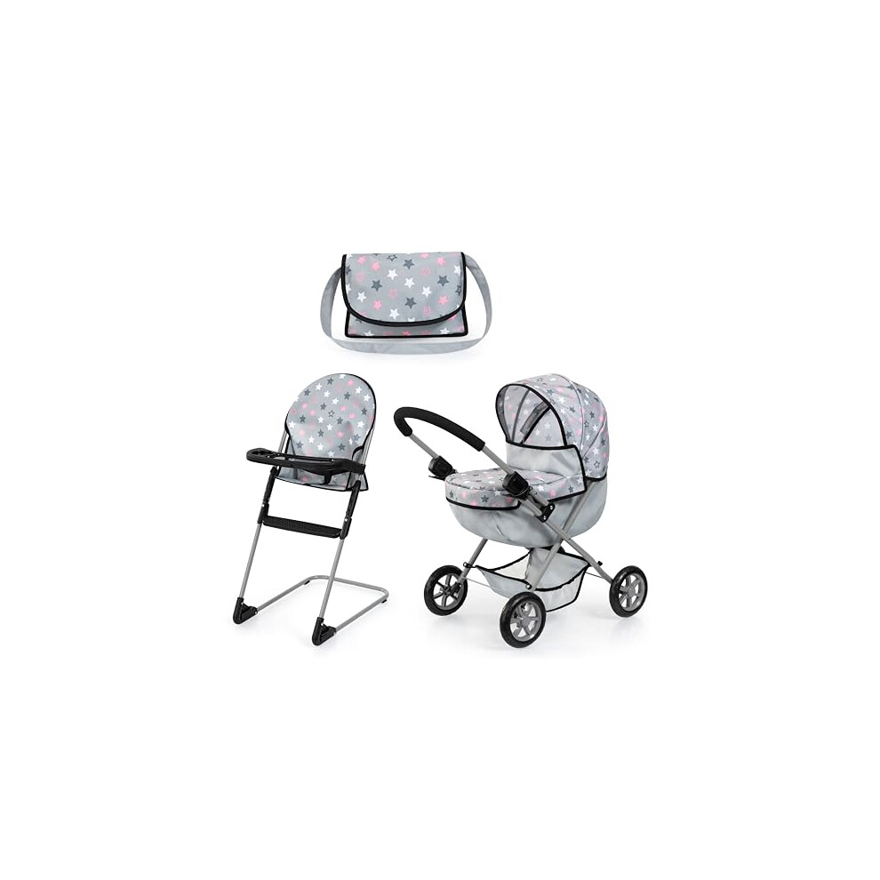 Bayer Design 13707Ab Dolls Pram, Doll Stroller, Carriage Pram, Foldable, With Highchair, Bag, Grey
