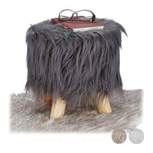 Relaxdays Faux Fur Stool, Fluffy, 4 Wooden Legs, Padded Footstool, Round, Decorative Stand HxD: 31x31 cm, Grey