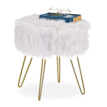 Relaxdays Stool, Faux Fur Round Seat, Elegant Upholstered Pouf, Metal Legs, Modern & Glamorous, HxØ: 40x38cm, White/Gold