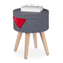 Relaxdays Ottoman with Table Function, Padded Lid, Storage Space, HxØ: 45.5 x 37 cm, Fabric, Wooden Legs, Grey/Natural, Fibreboard