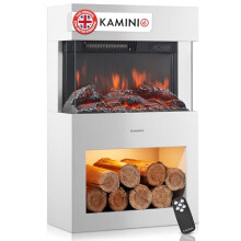 KAMINIO Electric Fireplace HENRI - Electric Stove with Heater, 3D Flame Effect, LED Mood Light, Wood Storage Compartment, Remote Control (White)