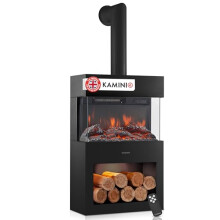 KAMINIO Electric Fireplace HENRI with Pipe - Electric Stove with Heater, 3D Flame Effect, LED Mood Light, Wood Storage Compartment, Remote Control