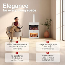 KAMINIO Electric Fireplace HENRI with Pipe - Electric Stove with Heater, 3D Flame Effect, LED Mood Light, Wood Storage Compartment, Remote Control