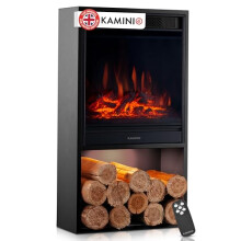 KAMINIO Electric Fireplace HUGO - Electric Stove with Heater, 3D Flame Effect, LED Mood Light, Wood Storage Compartment, Remote Control (Black)