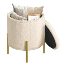 WOLTU Ottoman Storage Box, Round Foot Stool for Living Room, Bedroom or Hallway, with Lid and Metal Legs, Folding Teddy Fleece Vanity Stool, φ35 x