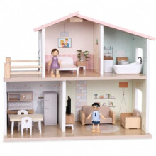 Jumini Wooden Dolls House, Modern Open Plan 2 Storey Doll House with 2 Dolls and 15 Furniture Pieces, Compact Sustainable Dollhouse Gift for Kids 3+