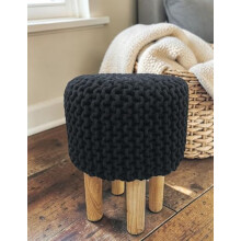CASVO Handmade Jute Pouffe Stool with Wooden Base | Cotton Knitted Ottoman Footstool | Round Sitting Pouf for Living Room Library Office & Home